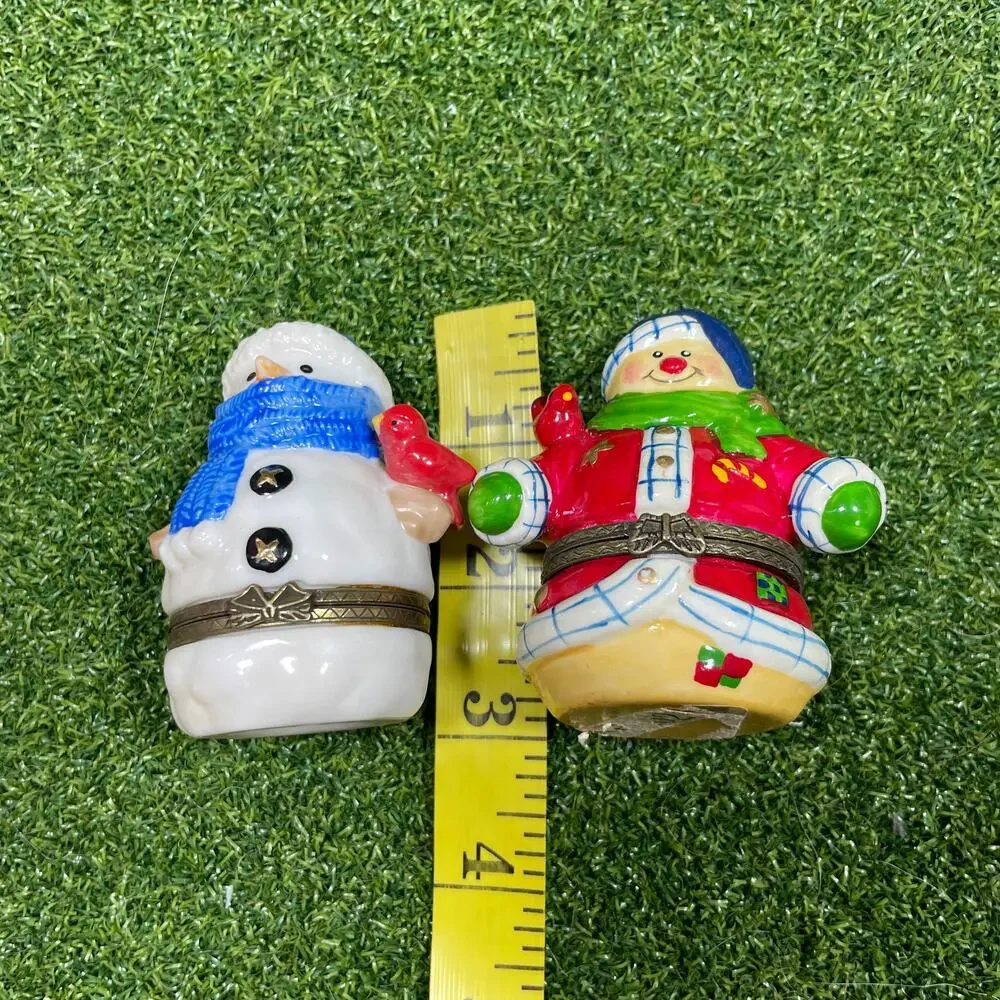 Vintage Lot of 2 Porcelain Snowman Trinket Box Christmas Decor